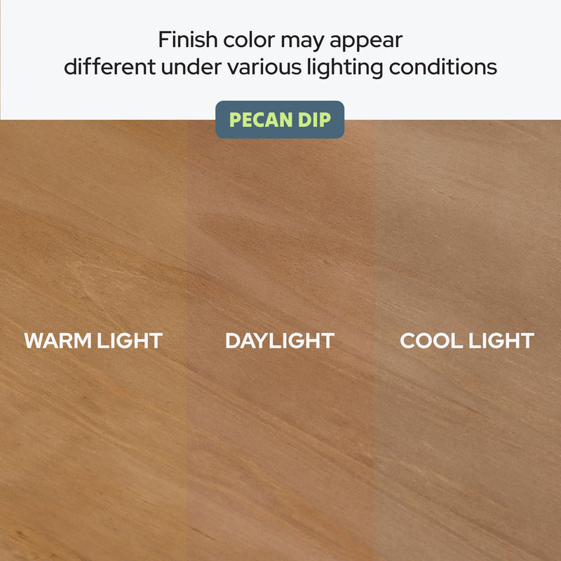 Pecan Dip hardwood floor finish sample showing color variation under warm light, daylight, and cool light