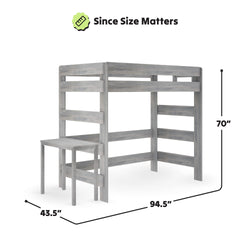 Loft bed with desk underneath, dimensions 70 inches high, 94.5 inches wide, 43.5 inches deep, grey finish.