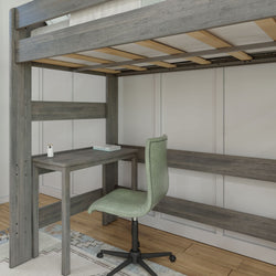 Loft bed with desk and green chair, ideal for small space living and home office setup.