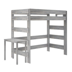 Gray wooden loft bed with integrated desk, ideal space-saving solution for small bedrooms.