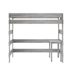 Gray wooden loft bed frame with integrated side table, perfect for maximizing bedroom space.