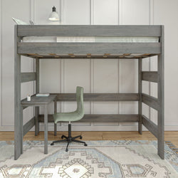 Loft bed with integrated desk and green chair in modern bedroom setup.