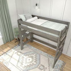 Grey wooden loft bed with built-in desk in a cozy bedroom setting.