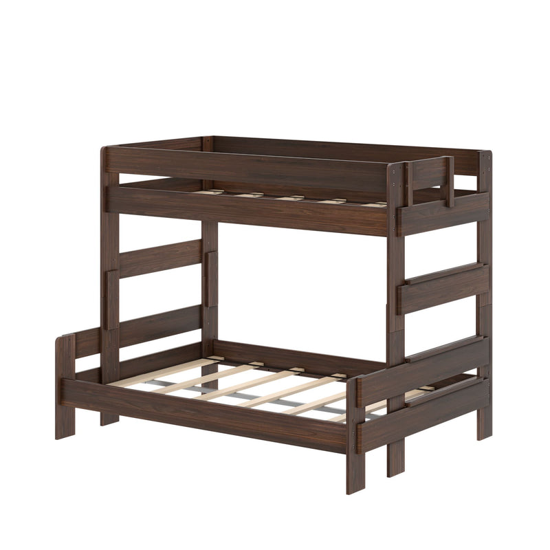 Espresso solid wood twin-over-full bunk bed with slatted guardrails, built-in ladder, and sturdy frame