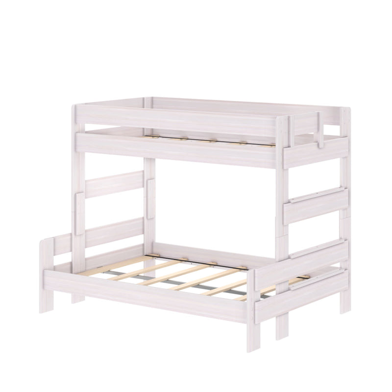 White wooden twin-over-full bunk bed frame with built-in ladder, guardrails and slatted mattress supports, modern kids' bedroom furniture