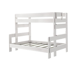 White wooden bunk bed frame with ladder for children's room.