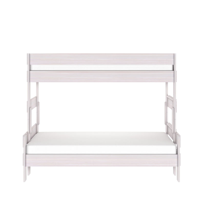 White wooden bunk bed frame with built-in ladder and safety guard rails, modern minimalist loft-style bunk bed product photo on white background