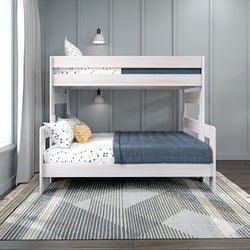 Wooden bunk bed with white and blue bedding in modern bedroom setting.
