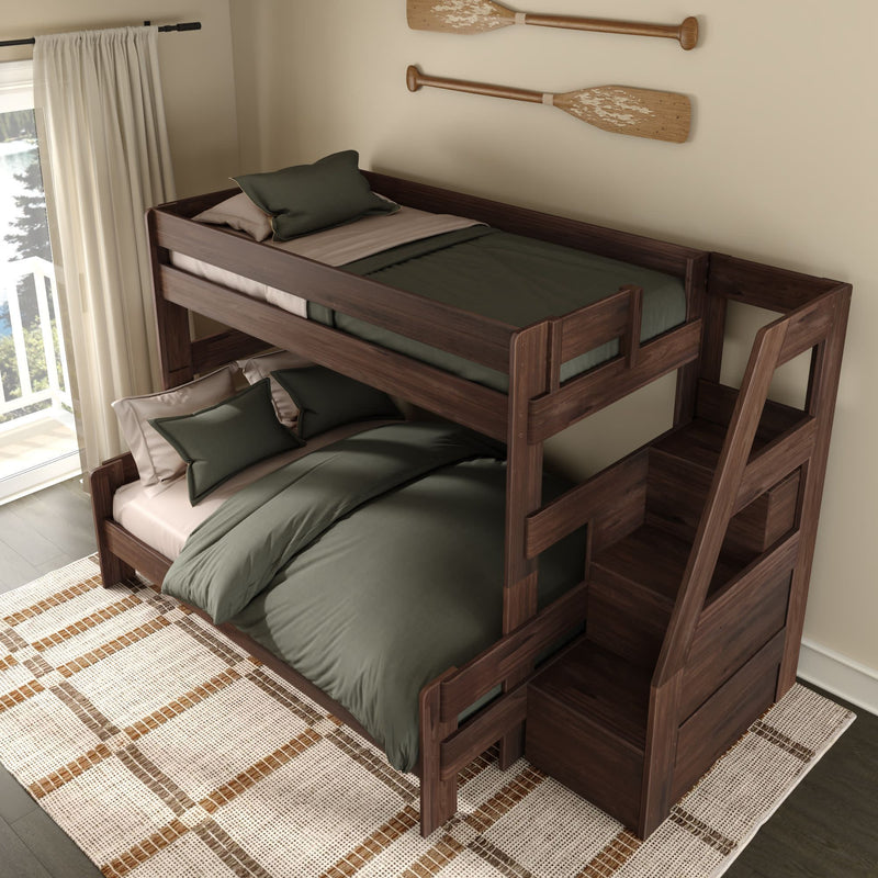 Dark walnut wooden bunk bed with built-in storage stairs, full-over-twin layout, olive green bedding and nautical oar wall decor in a sunlit modern bedroom