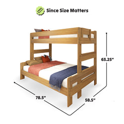Wooden bunk bed with dimensions 78.5 inches long, 58.5 inches wide, and 63.25 inches tall, featuring multicolored bedding.
