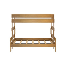 Wooden bunk bed frame with ladder for kids' bedroom furniture.