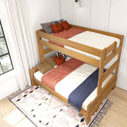 Wooden bunk bed with red and blue bedding in a bright, modern bedroom with natural light.