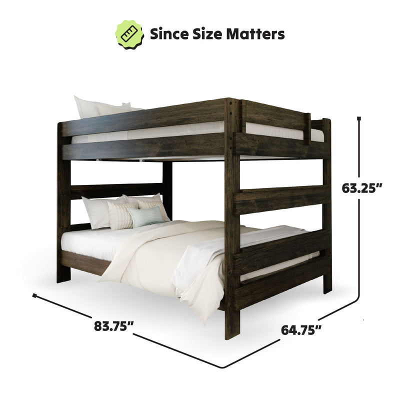 Bunk bed with dimensions: height 63.25 inches, length 83.75 inches, width 64.75 inches, featuring wooden frame and bedding.