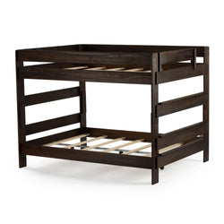 Dark wooden loft bed frame with slatted design for children's bedroom furniture.