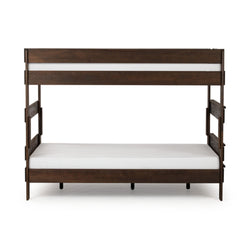Dark wood bunk bed with white mattresses on a white background.