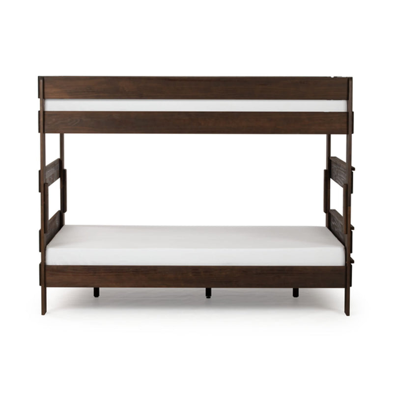 Dark wood bunk bed with white mattresses on a white background.