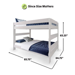 White wooden bunk bed with blue bedding and measurements of 83.75 inches in length, 64.75 inches in height, and 63.25 inches in width.