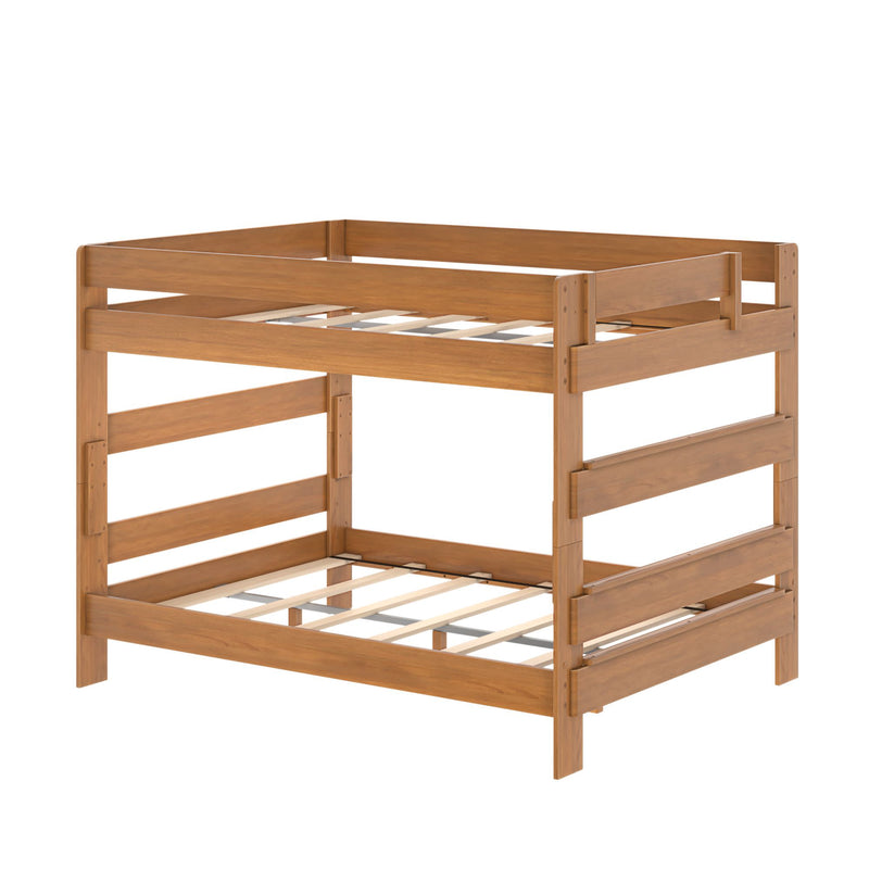 Solid wood oak-finish bunk bed frame with slatted mattress supports, full-length guardrails and space-saving modern design for kids' bedroom