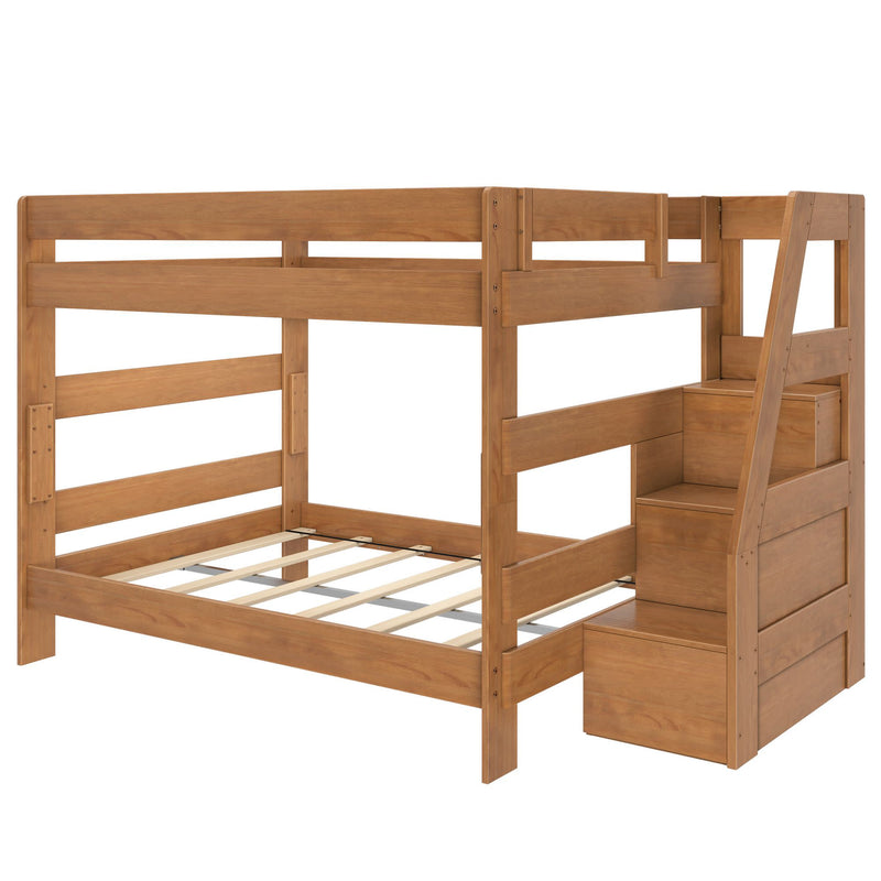Solid wood bunk bed with built-in storage stairs and slatted mattress supports in natural honey oak finish, space-saving kids' bedroom furniture