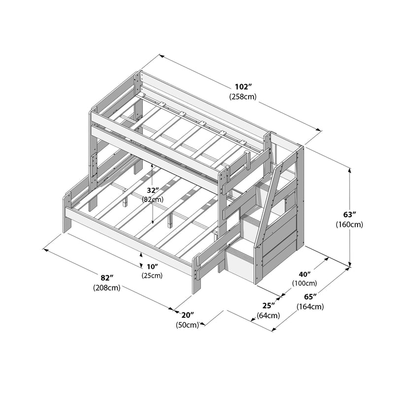 Assembly diagram of a twin-over-full bunk bed with side staircase and built-in storage drawers, labeled dimensions in inches and centimeters (102″ length, 82″ depth, 63″ height)