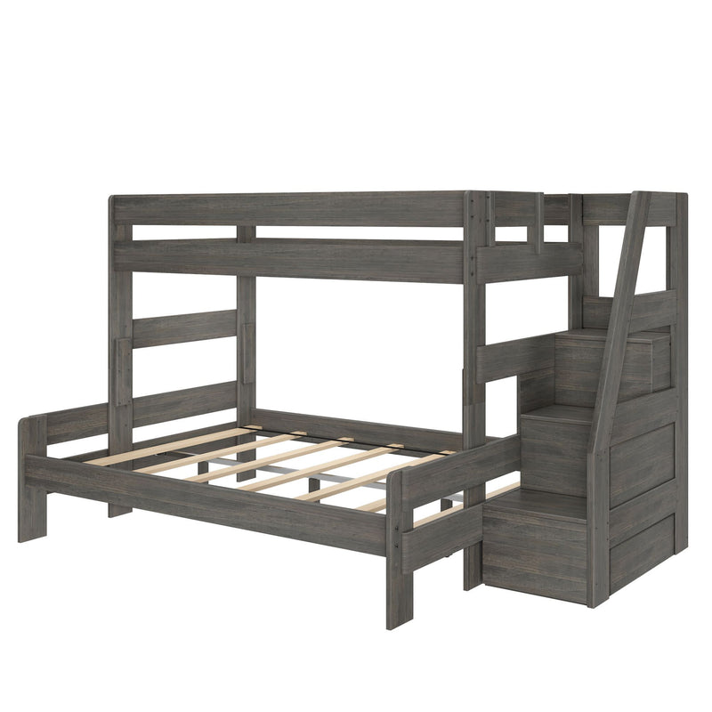 Gray wooden twin-over-full bunk bed with built-in storage stairs, slatted mattress platforms, guardrails and ladder in rustic finish — space-saving kids' bedroom furniture