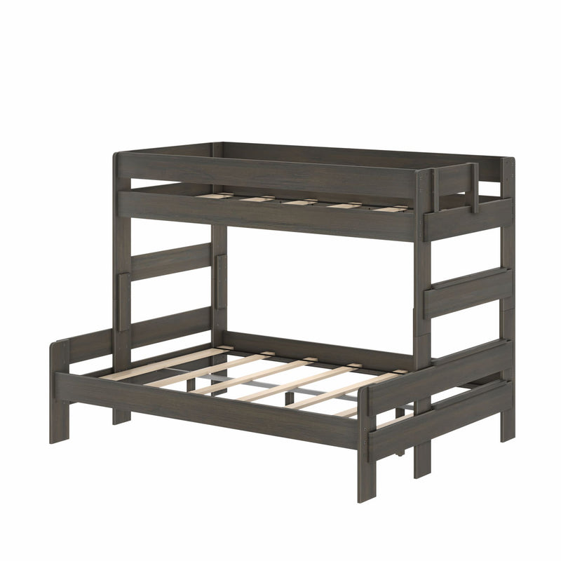 Gray wood twin-over-full bunk bed frame with slatted mattress supports, built-in ladder and guard rails, modern space-saving bedroom furniture