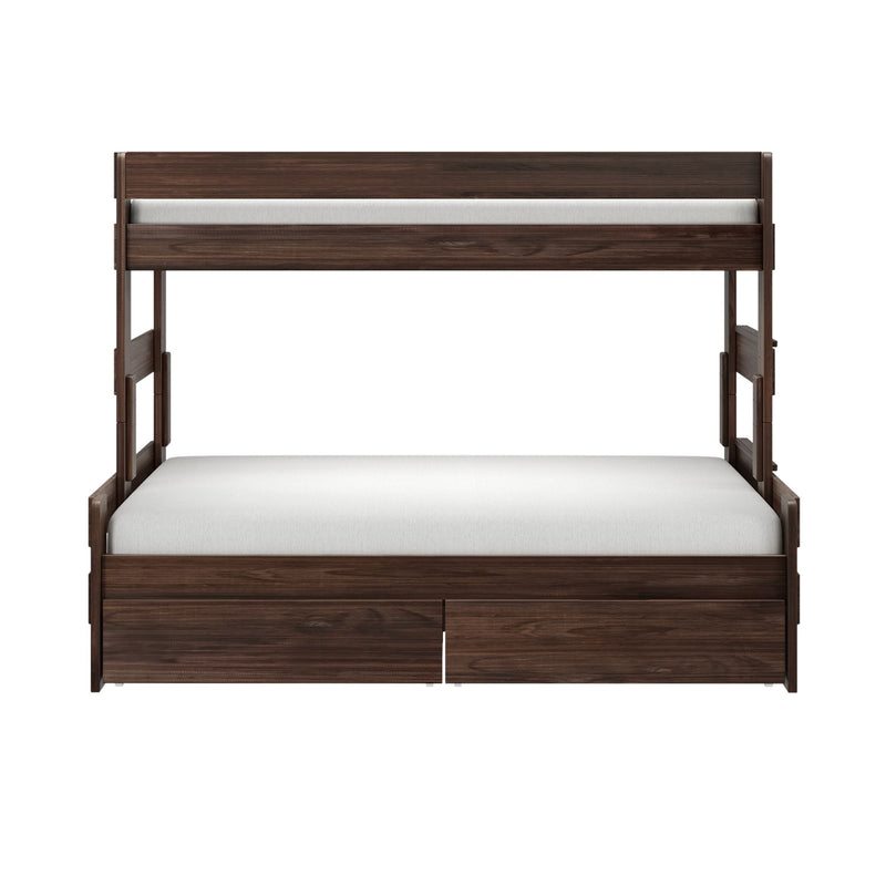 Dark walnut twin loft bed with white mattress and built-in under-bed storage drawers — modern space-saving wooden platform bed for small bedrooms