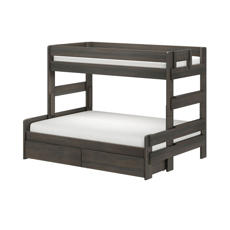 Modern twin-over-full bunk bed in dark gray wood finish with safety guardrails, integrated ladder and two under-bed storage drawers, shown with white mattresses