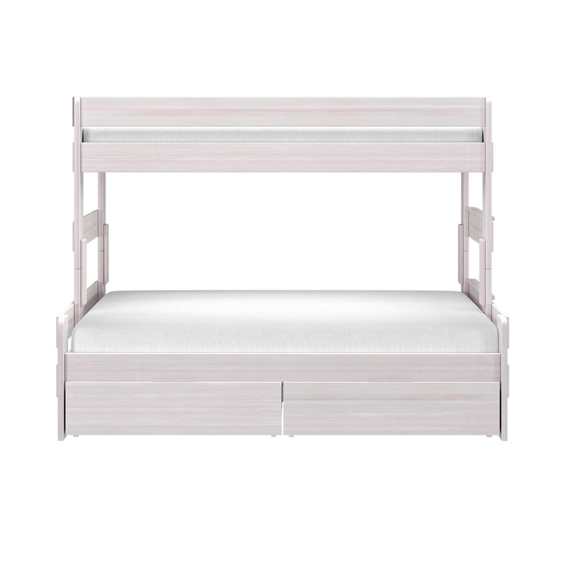 White wooden loft bunk bed with built-in under-bed storage drawers, twin mattresses, safety rails and minimalist modern design for kids' bedroom