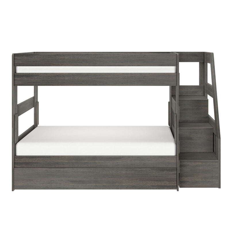 Gray wooden twin-over-full bunk bed with integrated staircase storage, safety rails and full-size lower bed, modern farmhouse finish
