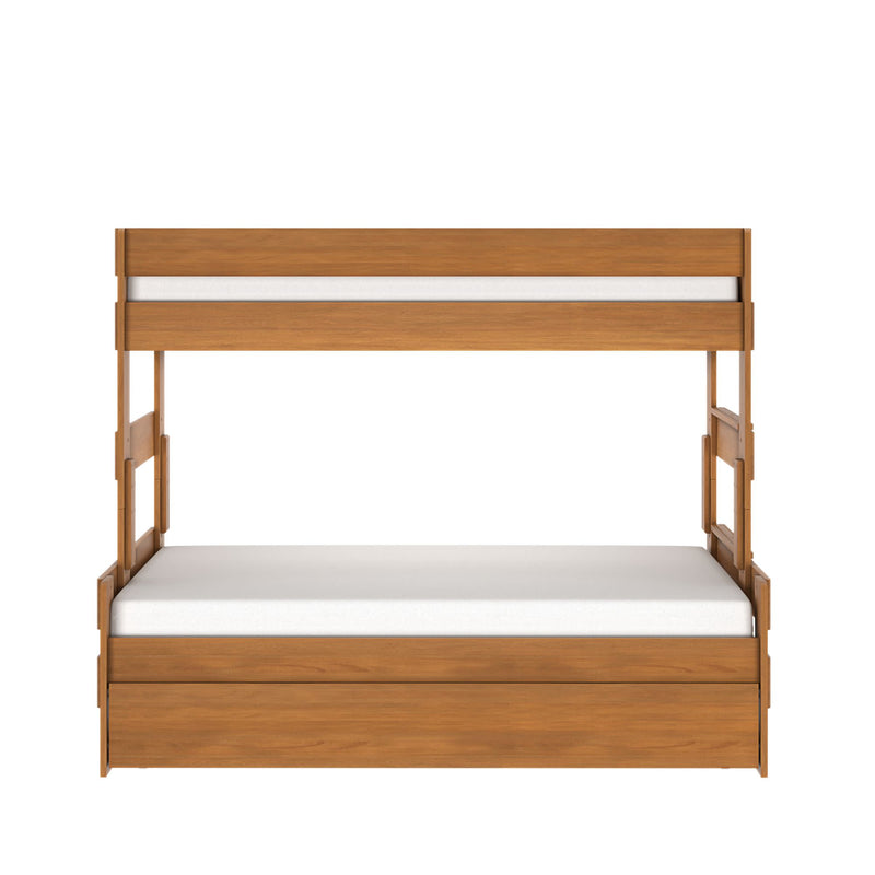 Solid wood twin-over-full bunk bed with white mattresses and under-bed storage drawer