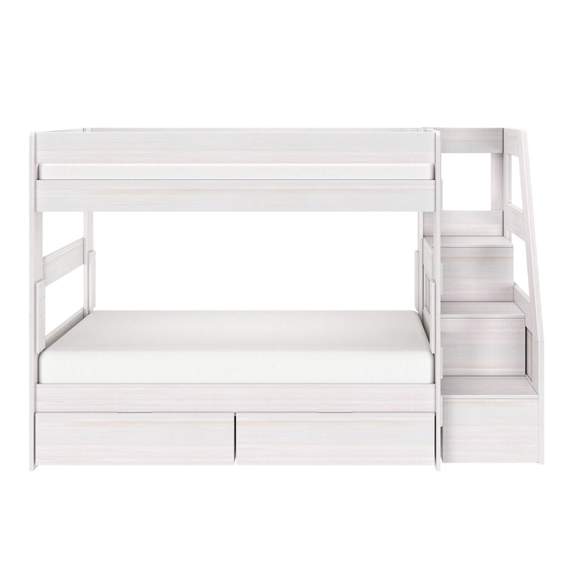 White wooden loft bunk bed with built-in stairs and under-bed storage drawers, modern minimalist kids bedroom furniture