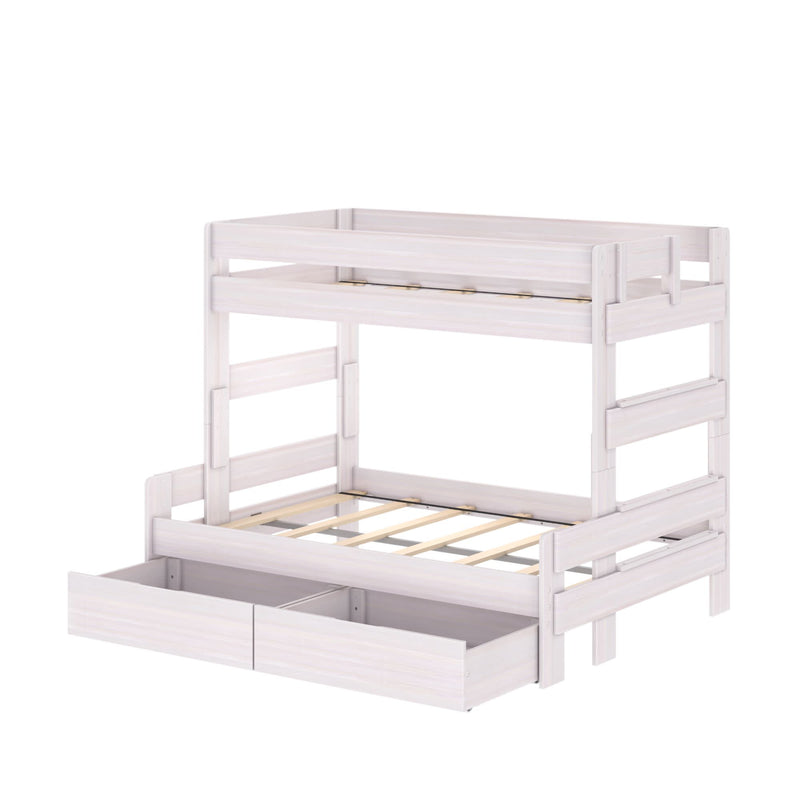 White wooden two-tier bunk bed with guardrails, ladder and built-in under-bed storage drawers for kids' bedroom