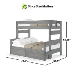 Gray wooden bunk bed with dimensions 78.5 inches long, 58.5 inches wide, and 63.25 inches high.