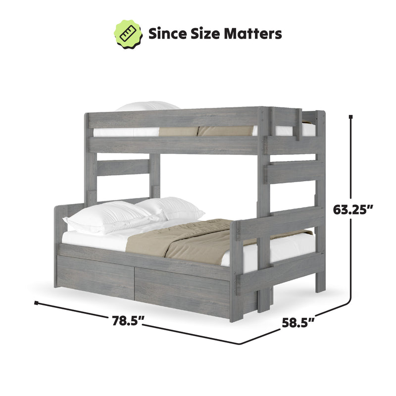 Gray wooden bunk bed with dimensions 78.5 inches long, 58.5 inches wide, and 63.25 inches high.