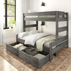 Gray wooden bunk bed with storage drawers, white bedding, and cozy decor in a bright, modern bedroom.