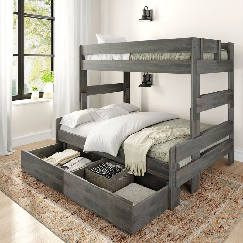 Gray wooden bunk bed with storage drawers, white bedding, and cozy decor in a bright, modern bedroom.