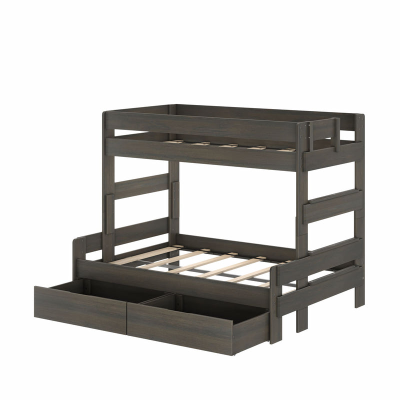 Dark gray wooden twin-over-full bunk bed with slatted platforms and built-in underbed storage drawers, space-saving kids bedroom furniture