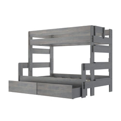 Gray wooden bunk bed for kids with storage drawers and sturdy ladder.