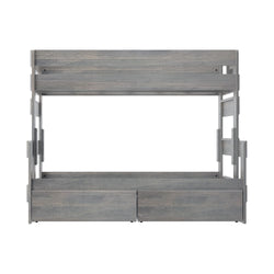 Gray wooden bunk bed with storage drawers and ladder, ideal for maximizing space in small bedrooms.