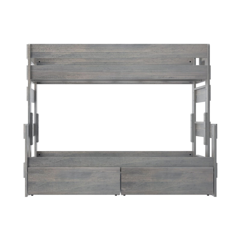 Gray wooden bunk bed with storage drawers and ladder, ideal for maximizing space in small bedrooms.