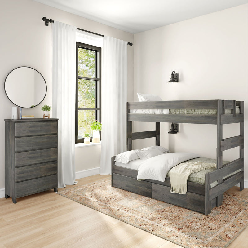 Modern bedroom with gray wooden bunk bed, matching dresser, neutral decor, and natural light through the window.