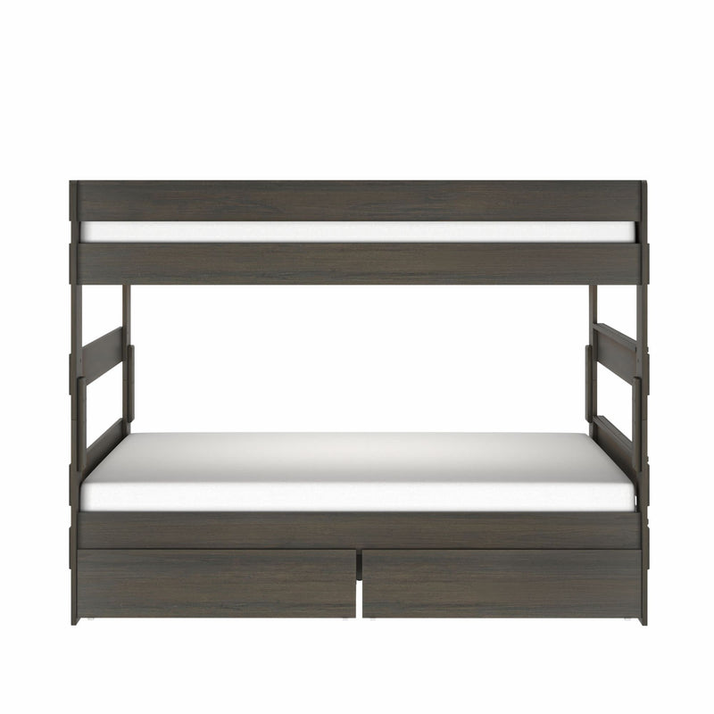 Dark wood bunk bed with under-bed storage drawers and guardrails, modern space-saving kids bedroom furniture