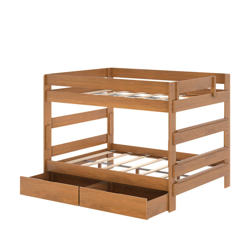 Twin-over-twin wooden bunk bed with guardrails, slatted mattress supports and two under-bed storage drawers in warm oak finish for kids' bedroom