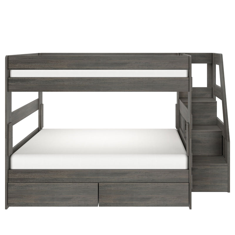 Gray wood twin-over-full bunk bed with right-side storage staircase, built-in under-bed drawers and modern kids' bedroom loft design