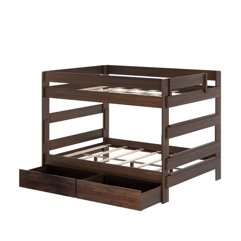 Dark walnut two-tier wooden bunk bed with slatted mattress supports and two pull-out under-bed storage drawers