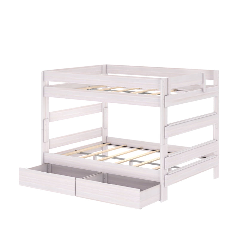 White wooden twin-over-twin bunk bed with safety rails and two under-bed storage drawers, slatted mattress platforms for kids' bedroom