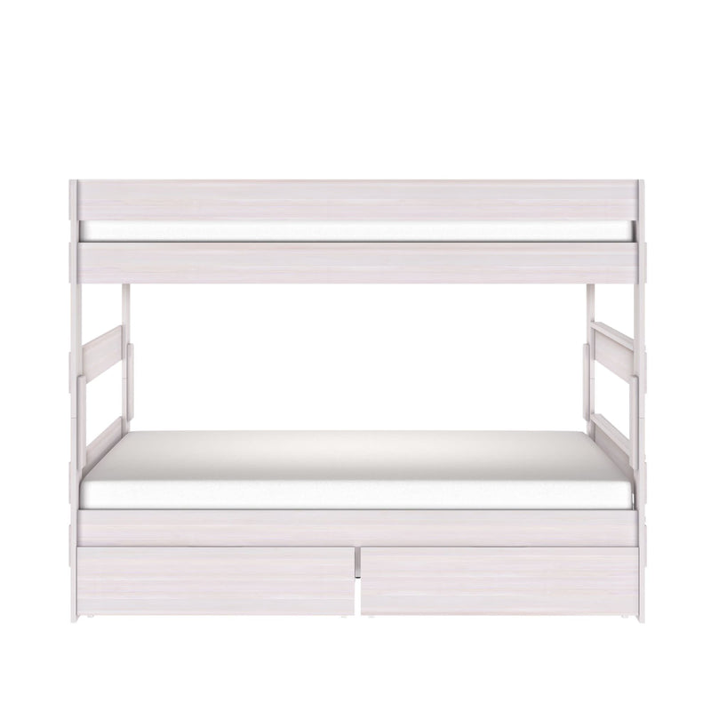 White wooden bunk bed with built-in underbed storage drawers and safety rails, modern minimalist kids' bedroom furniture