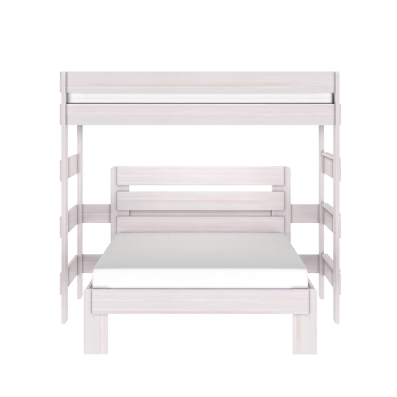 White wooden twin-over-full bunk bed with ladder and safety rails, modern farmhouse loft-style bed with full-size lower mattress and twin upper mattress on white background