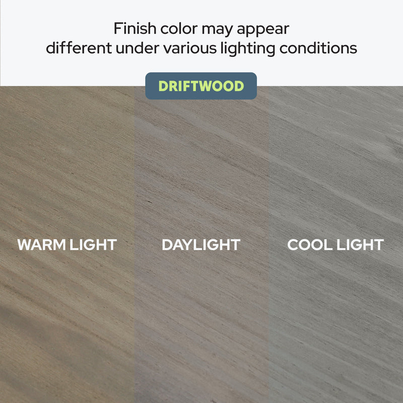 Driftwood finish color comparison under warm light, daylight, and cool light conditions.